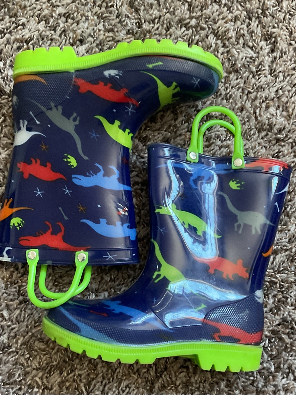 Kids' Navy Dinosaur Rain Boots with Lime Green Soles